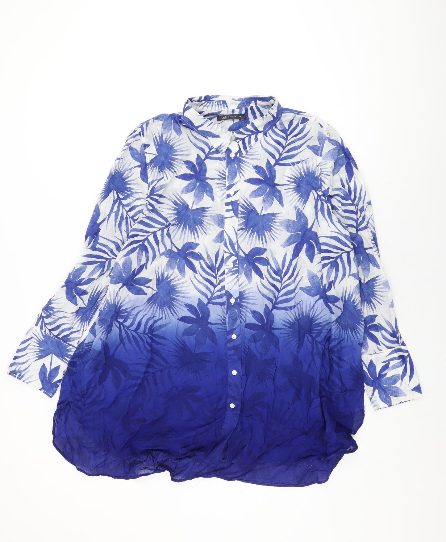 Marks and Spencer Womens White Geometric Cotton Basic Button-Up Size 20 Collared - Leaf Print