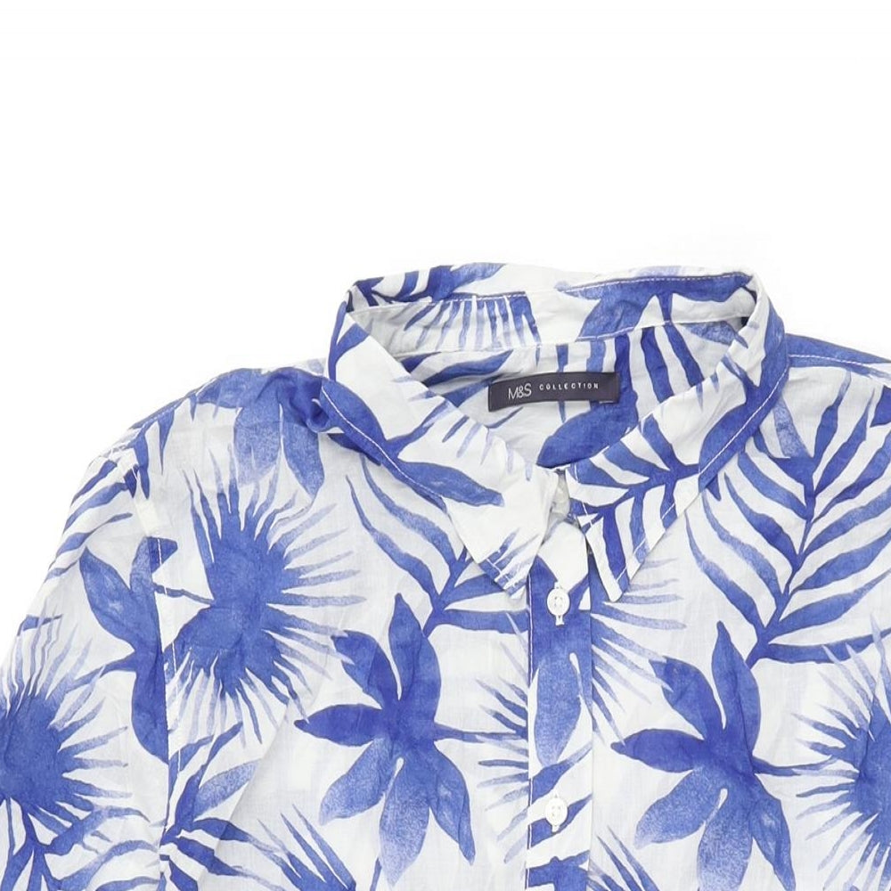 Marks and Spencer Womens White Geometric Cotton Basic Button-Up Size 20 Collared - Leaf Print