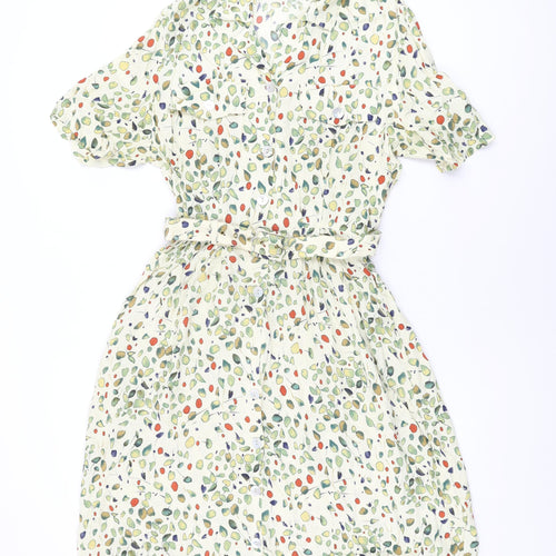 Formalities Womens Ivory Geometric Viscose A-Line Size 14 Collared Button - Belted
