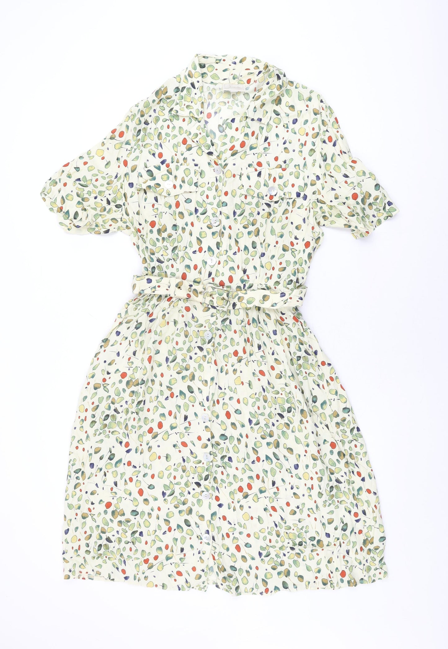 Formalities Womens Ivory Geometric Viscose A-Line Size 14 Collared Button - Belted