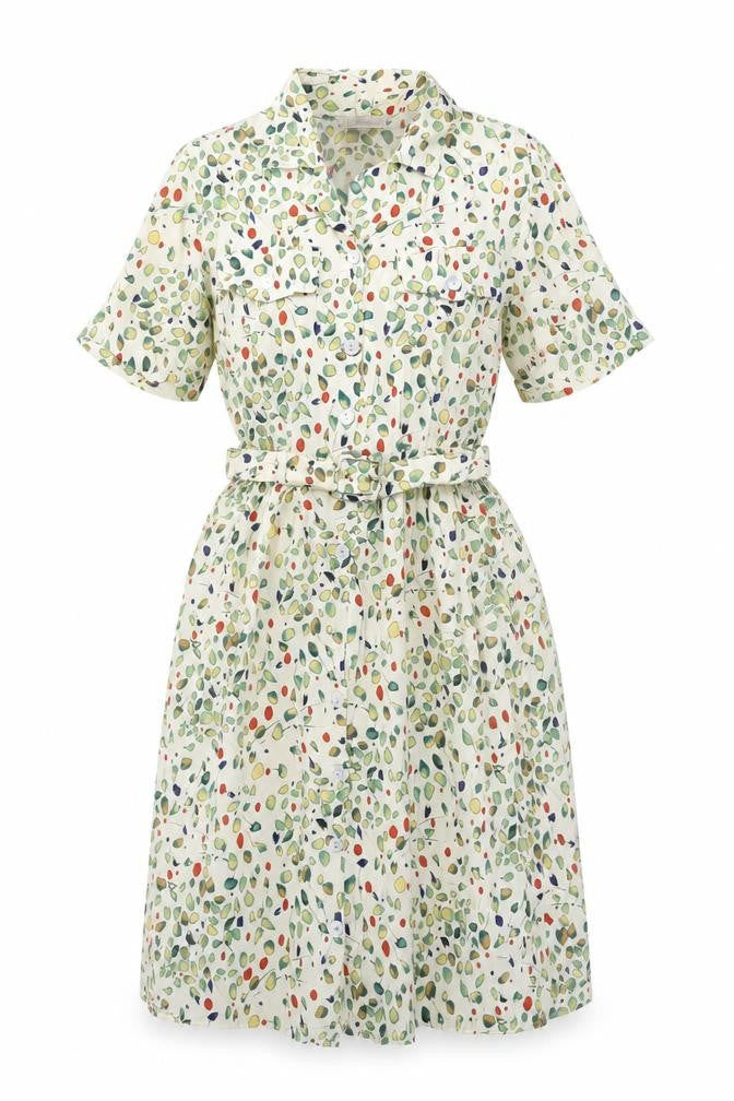 Front view of Formalities women’s ivory geometric viscose a-line, size UK 14, collared button - belted