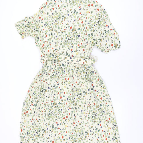 Formalities Womens Ivory Geometric Viscose A-Line Size 14 Collared Button - Belted