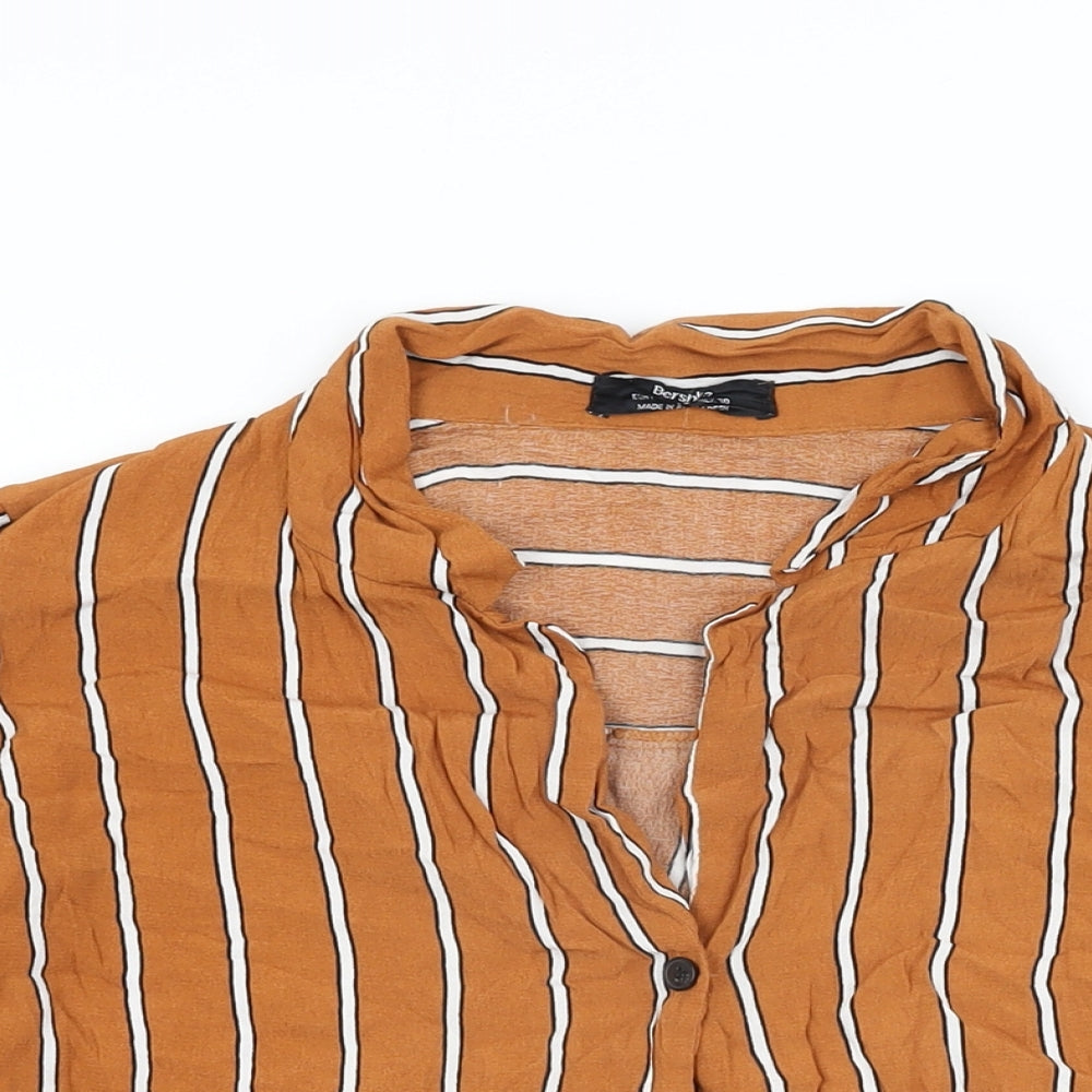 Bershka Womens Orange Striped Viscose Basic Button-Up Size L Collared