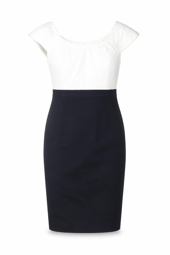 Front view of BAF women’s black cotton bodycon, size UK 10, round neck zip