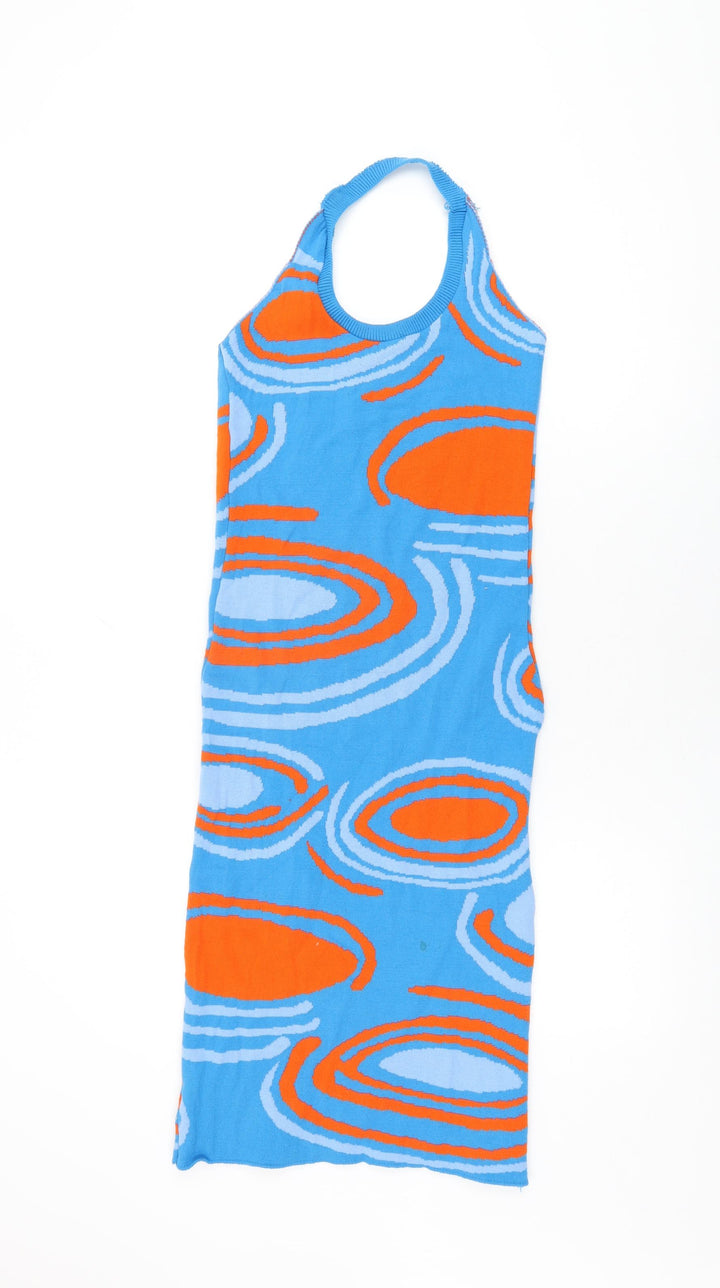 I SAW IT FIRST Womens Blue Geometric Acrylic Bodycon Size 8 Halter Pullover