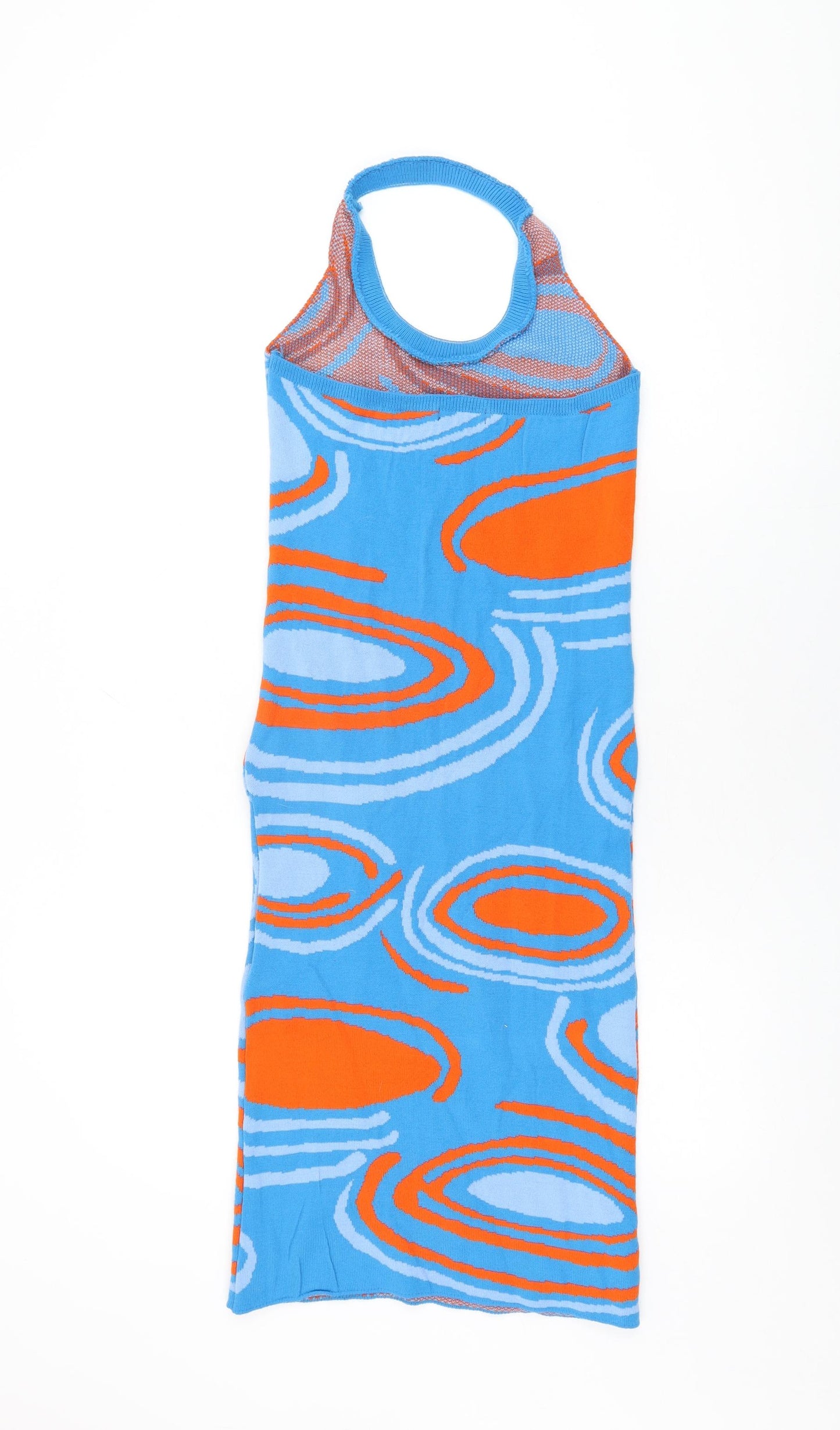 I SAW IT FIRST Womens Blue Geometric Acrylic Bodycon Size 8 Halter Pullover