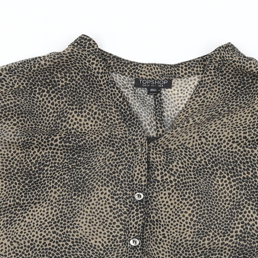 Topshop Womens Brown Geometric Polyester Basic Button-Up Size 8 V-Neck