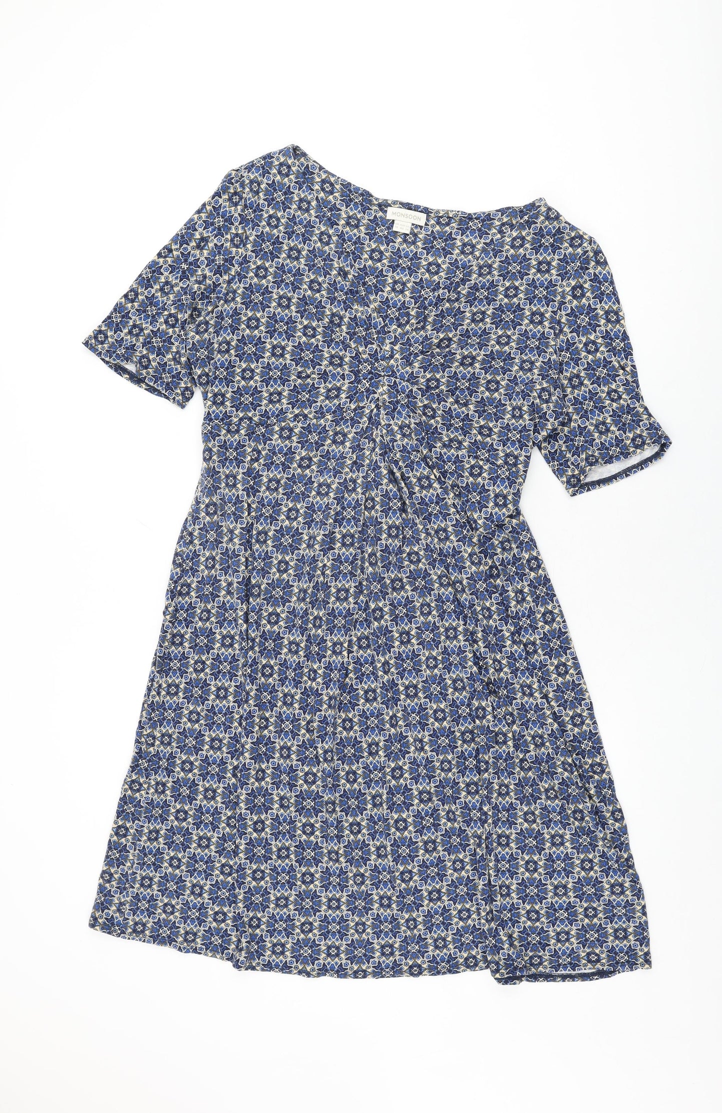 Monsoon Womens Blue Geometric Viscose Shift Size 18 V-Neck Pullover