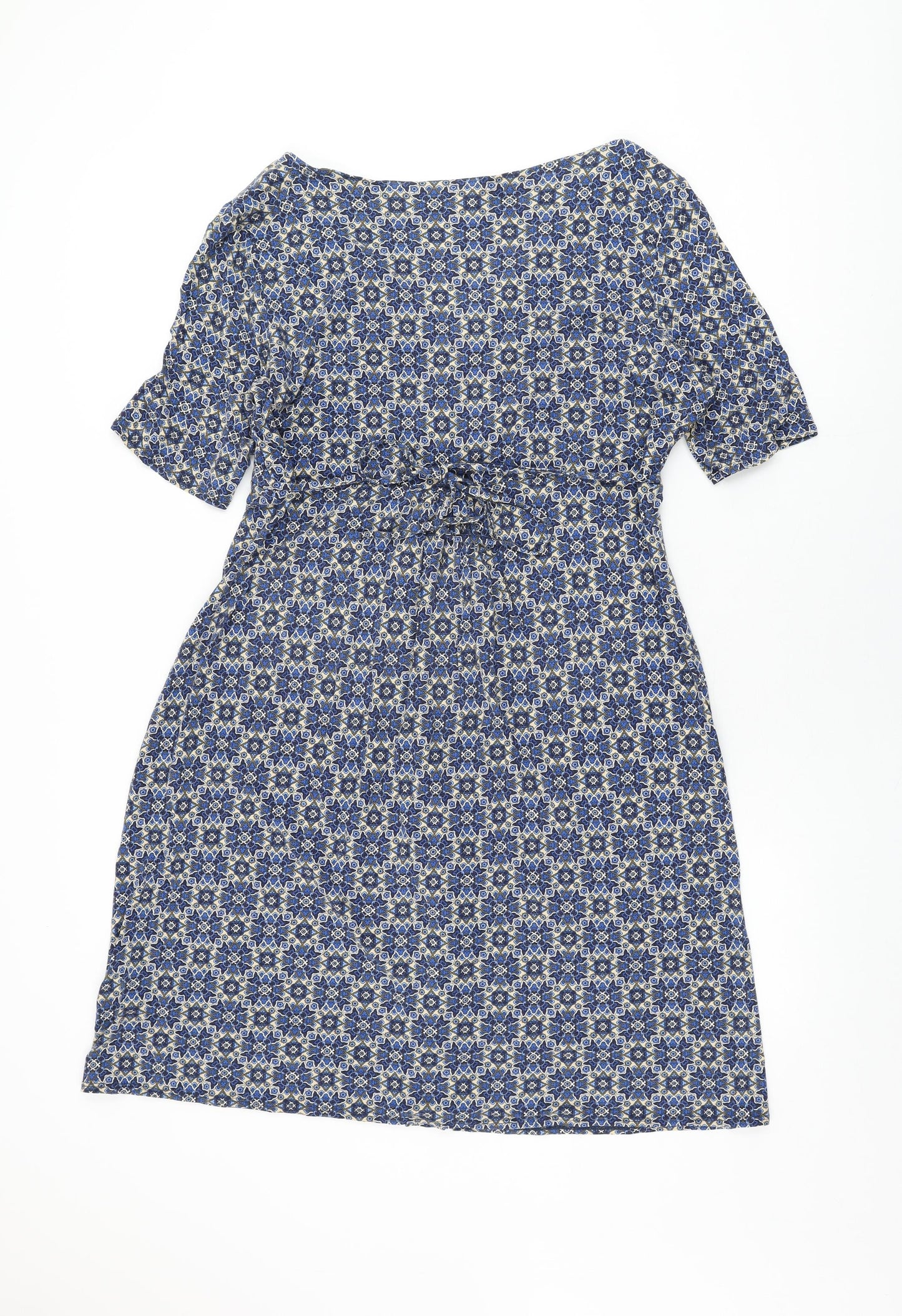 Monsoon Womens Blue Geometric Viscose Shift Size 18 V-Neck Pullover