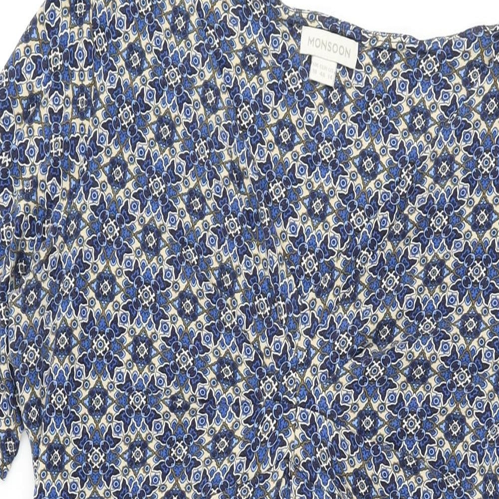 Monsoon Womens Blue Geometric Viscose Shift Size 18 V-Neck Pullover