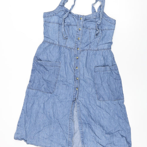 Warehouse Womens Blue Cotton A-Line Size 12 Sweetheart Button