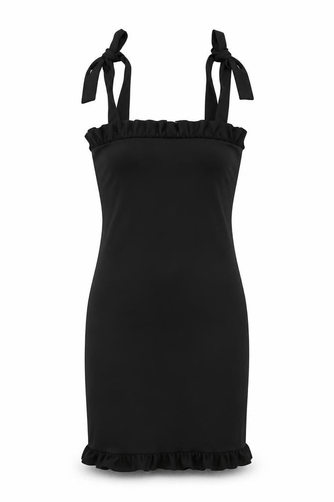 Front view of PRETTYLITTLETHING women’s black polyester mini, size UK 6, square neck tie