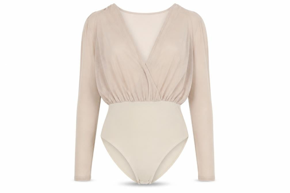 Front view of Boohoo women’s beige polyester bodysuit one-piece, size UK 12, snap - sheer