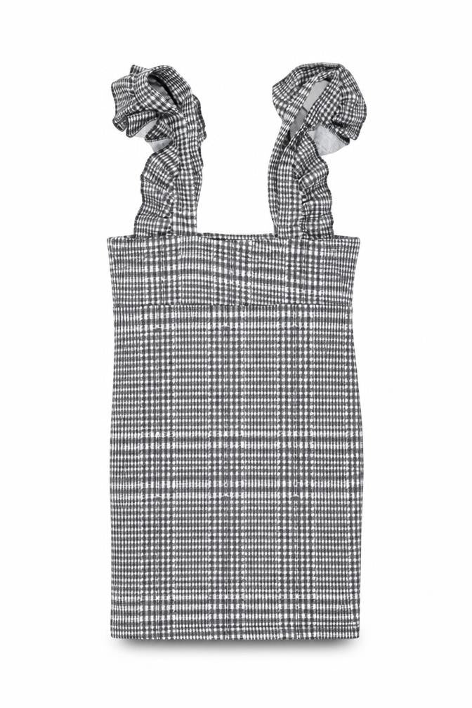 Front view of Boohoo women’s grey geometric polyester mini, size UK 8, square neck pullover - frill detail