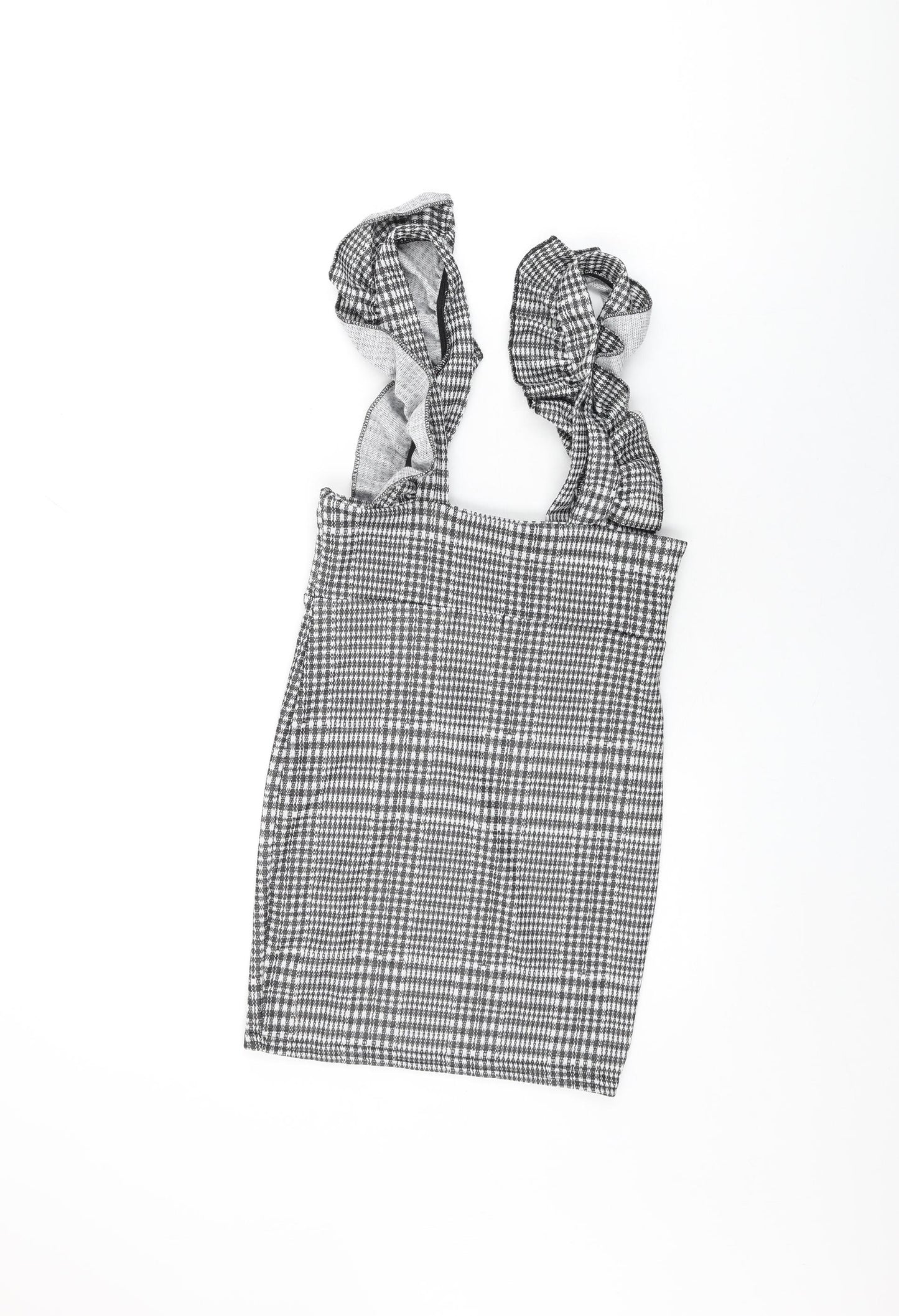 Boohoo Womens Grey Geometric Polyester Mini Size 8 Square Neck Pullover - Frill Detail