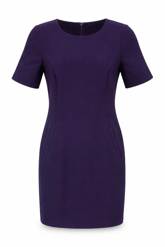 Front view of Lands' End women’s purple rayon bodycon, size UK 8, round neck zip