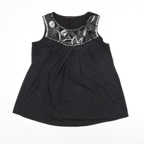 Evans Womens Black Geometric Polyester Basic T-Shirt Size 16 Round Neck - Sequin Detail