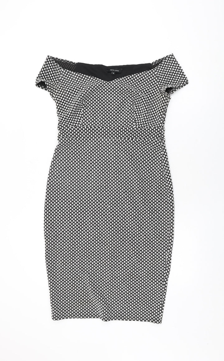 New Look Womens Black Geometric Polyester Bodycon Size 14 Off the Shoulder Pullover