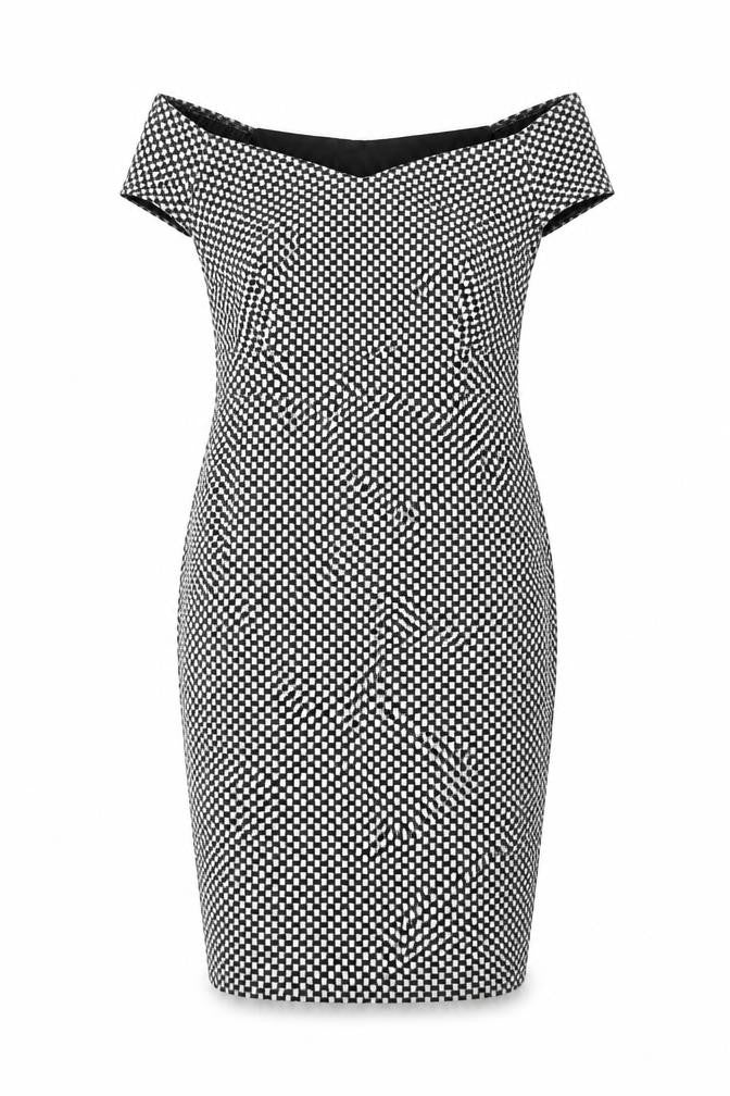 Front view of New Look women’s black geometric polyester bodycon, size UK 14, off the shoulder pullover