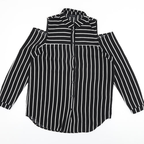 New Look Womens Black Striped Polyester Basic Button-Up Size 10 Collared
