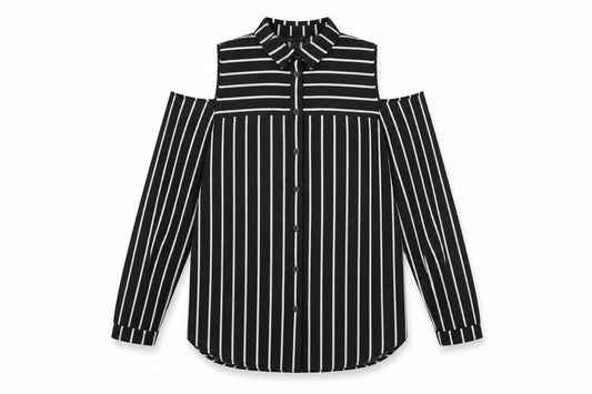 Front view of New Look women’s black striped polyester basic button-up, size UK 10, collared