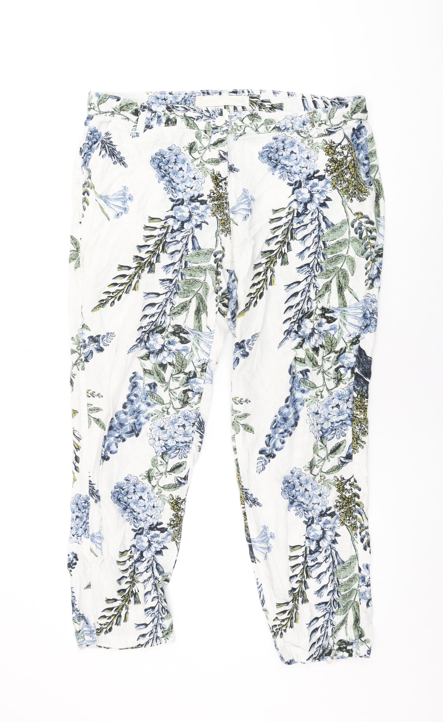 Chino Womens White Floral Linen Trousers Size 16 L27 in Regular Zip
