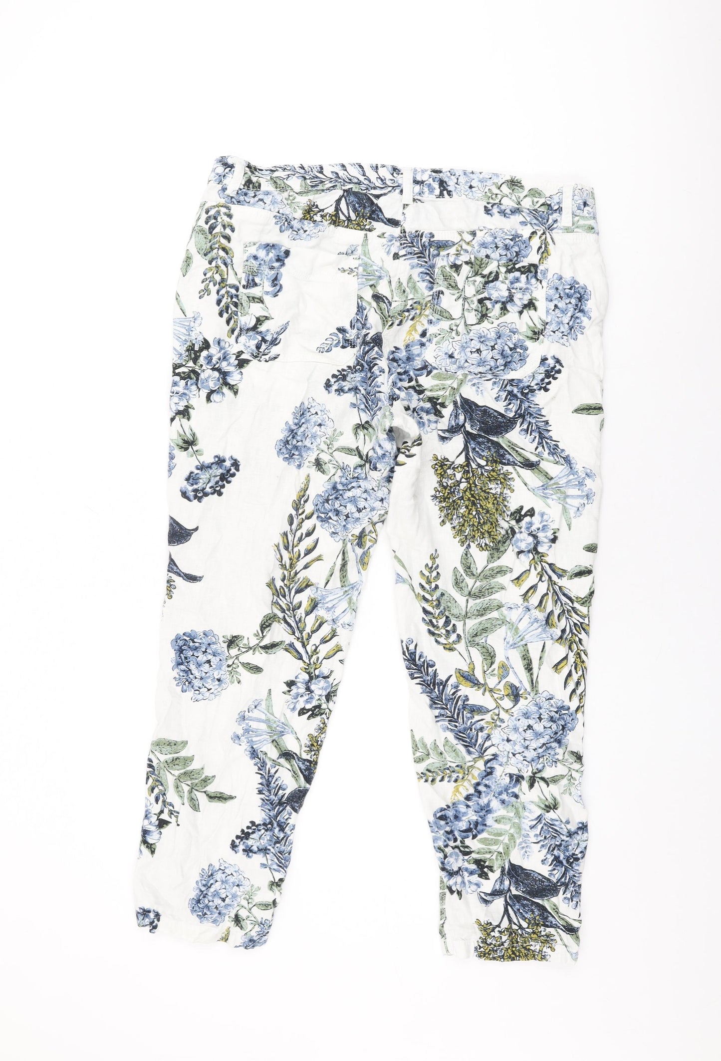Chino Womens White Floral Linen Trousers Size 16 L27 in Regular Zip