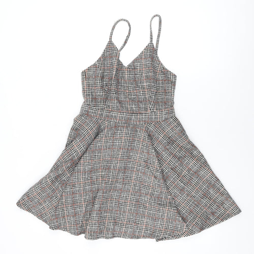 Air Space Womens Grey Plaid Polyester Skater Dress Size M V-Neck Zip