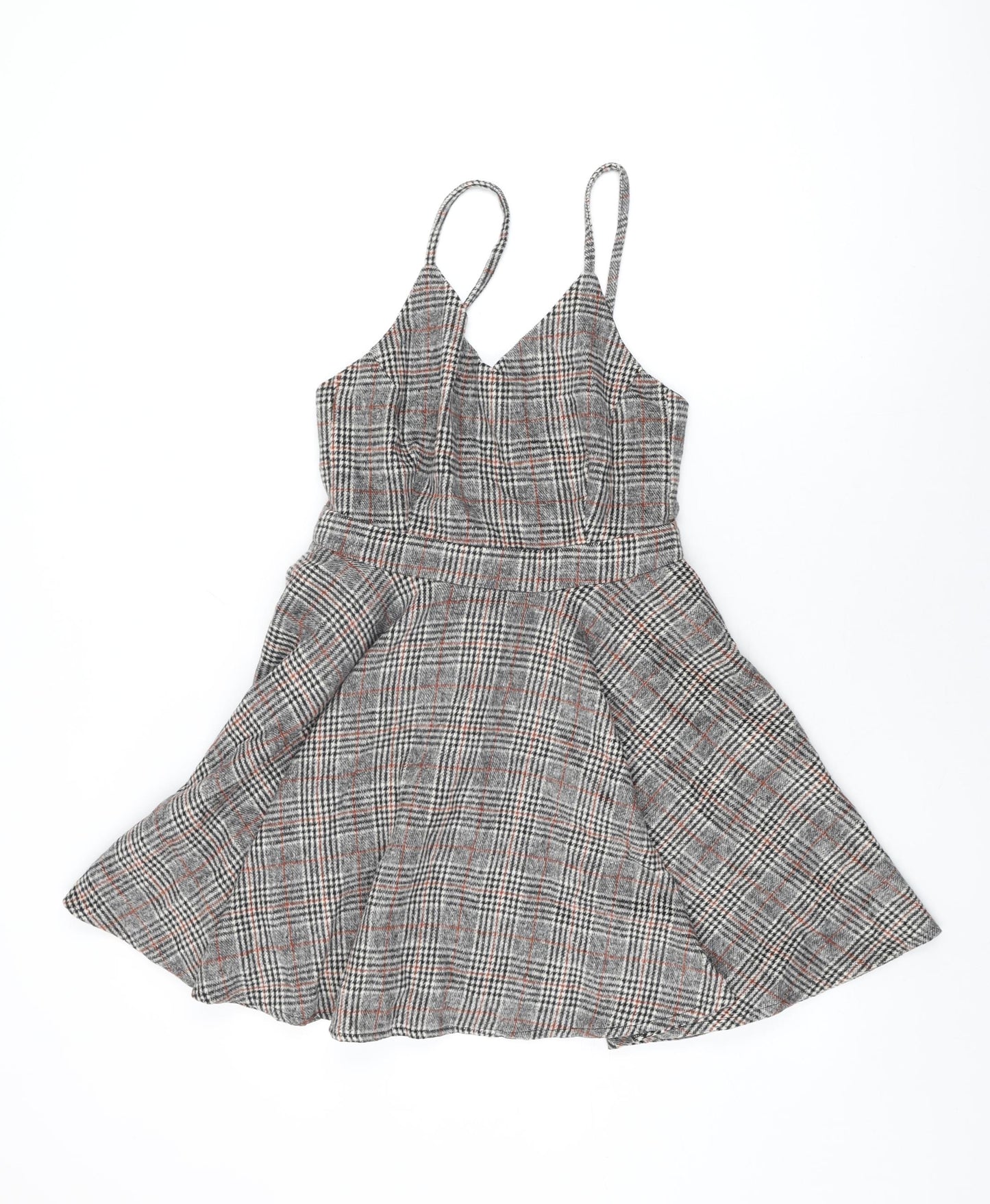 Air Space Womens Grey Plaid Polyester Skater Dress Size M V-Neck Zip