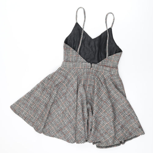 Air Space Womens Grey Plaid Polyester Skater Dress Size M V-Neck Zip