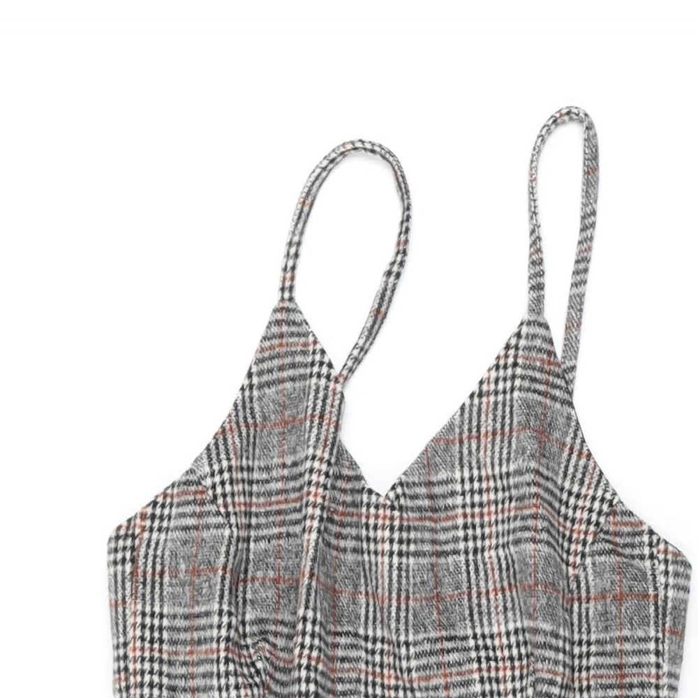 Air Space Womens Grey Plaid Polyester Skater Dress Size M V-Neck Zip