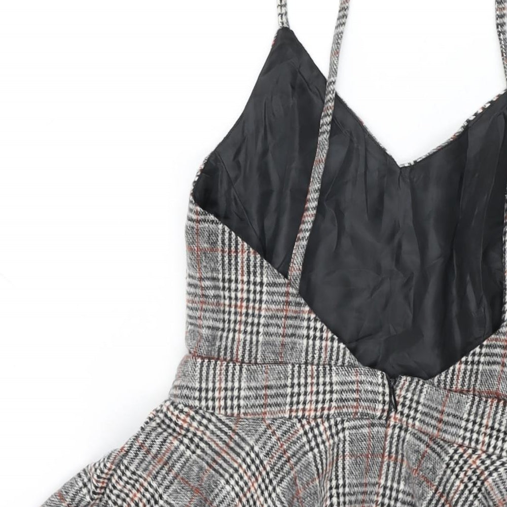 Air Space Womens Grey Plaid Polyester Skater Dress Size M V-Neck Zip