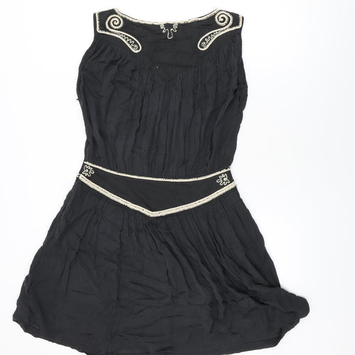 French Connection Womens Black Viscose Shift Size 12 Boat Neck Zip - Beaded Detail