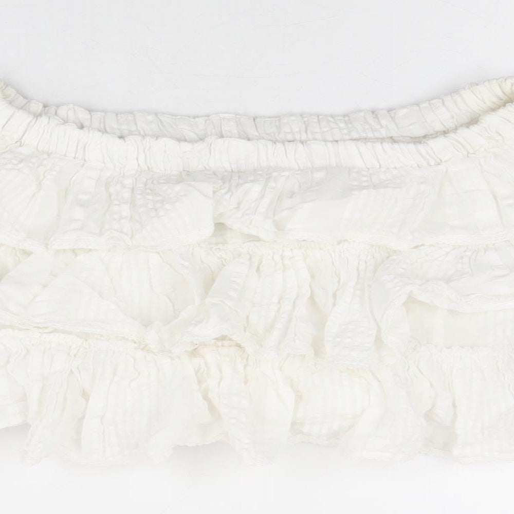 Topshop Womens White Cotton Cropped T-Shirt Size 6 Off the Shoulder - Frill Detail