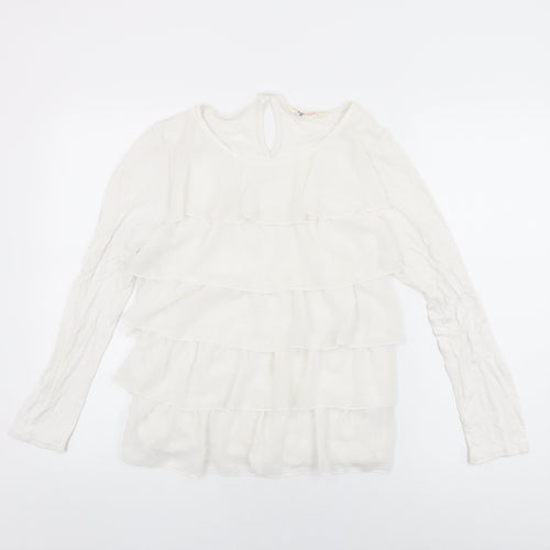 H&M Girls White Viscose Basic T-Shirt Size 14 Years Round Neck Button - Frill Detail