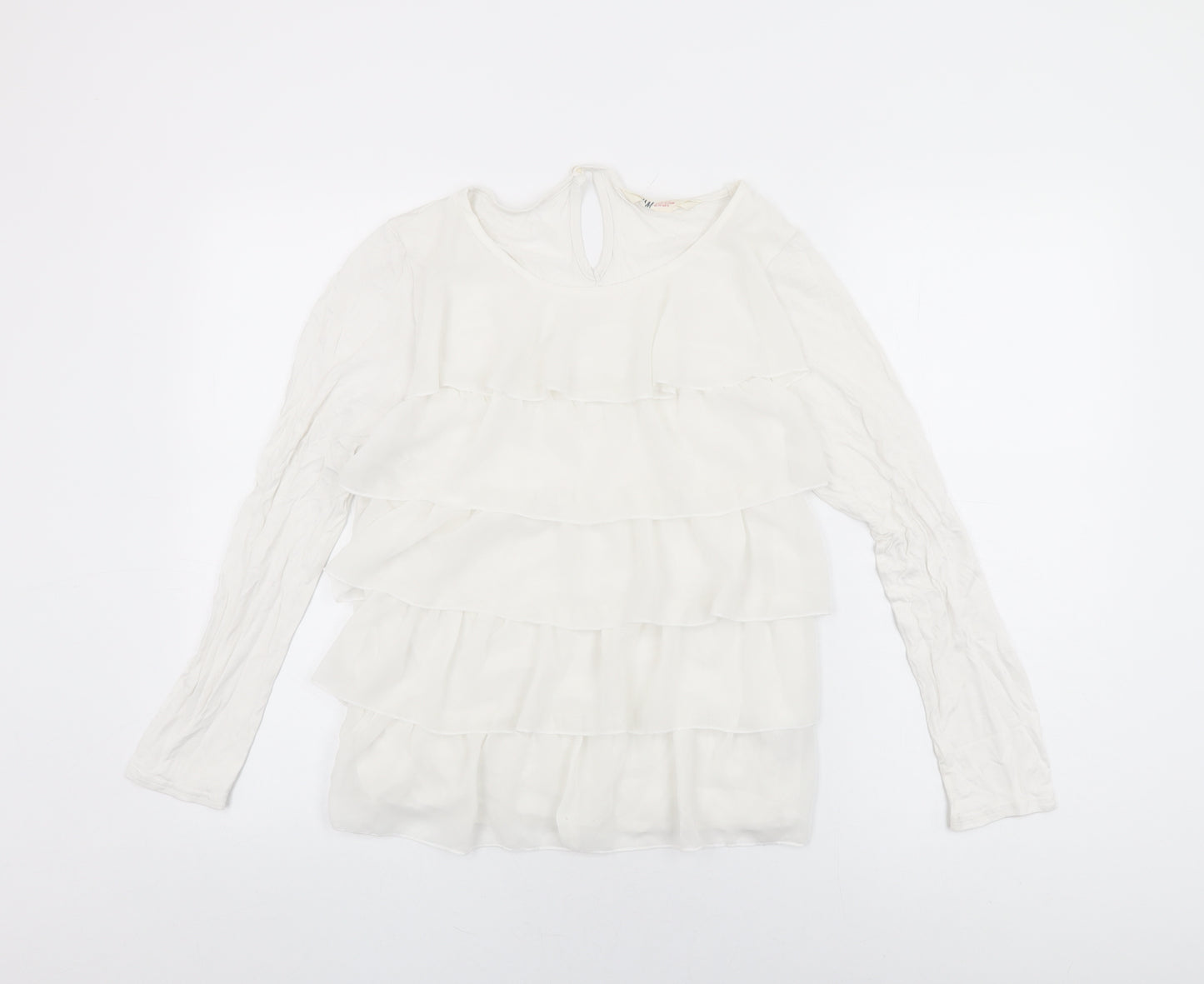 H&M Girls White Viscose Basic T-Shirt Size 14 Years Round Neck Button - Frill Detail
