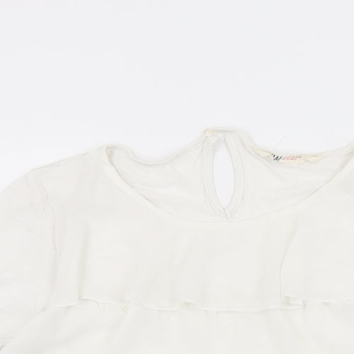 H&M Girls White Viscose Basic T-Shirt Size 14 Years Round Neck Button - Frill Detail