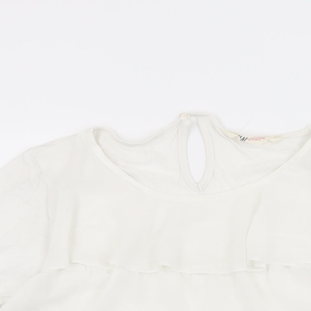 H&M Girls White Viscose Basic T-Shirt Size 14 Years Round Neck Button - Frill Detail