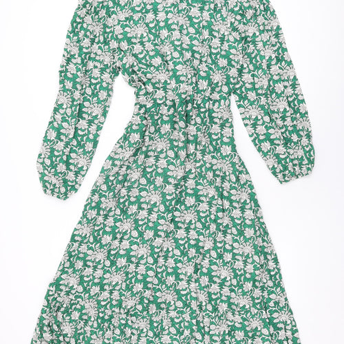NEXT Womens Green Floral Viscose A-Line Size 16 V-Neck Drawstring