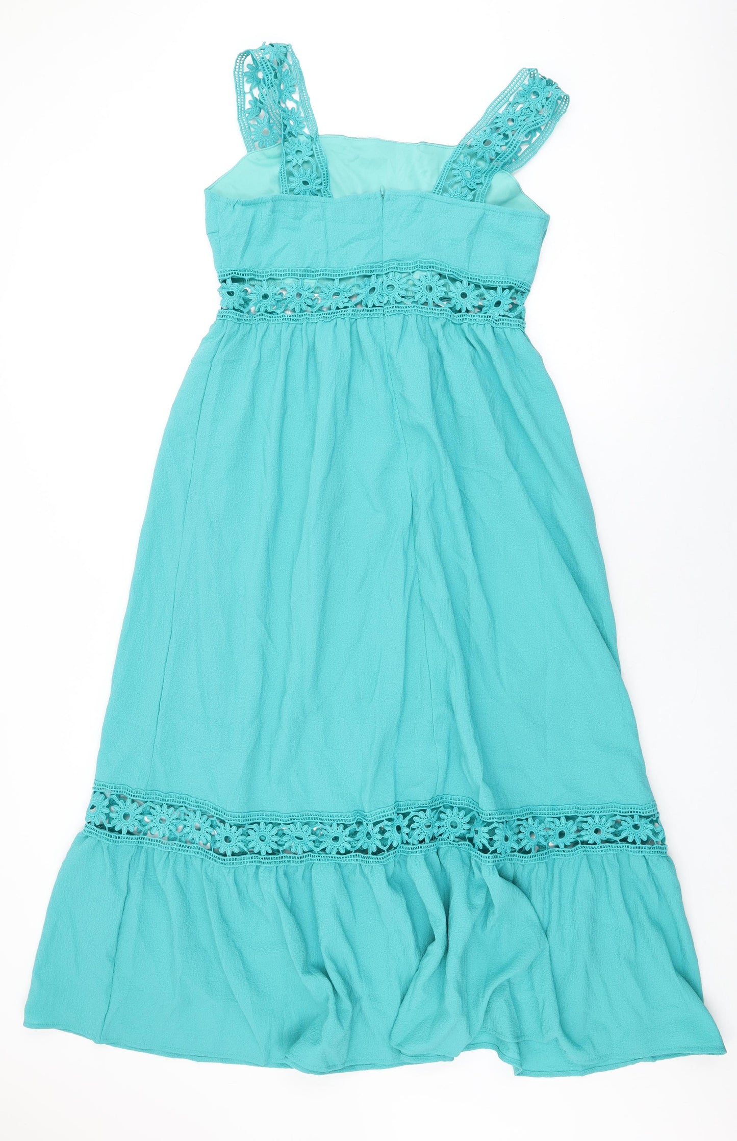 Omonsim Womens Blue Polyester A-Line Size L Square Neck Zip - Floral Crochet Cut Out Detail