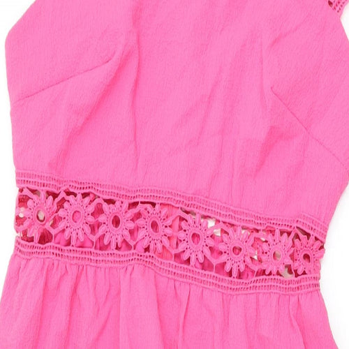 Omonsim Womens Pink Polyester A-Line Size L Square Neck Zip - Floral Crochet Cut Out Detail