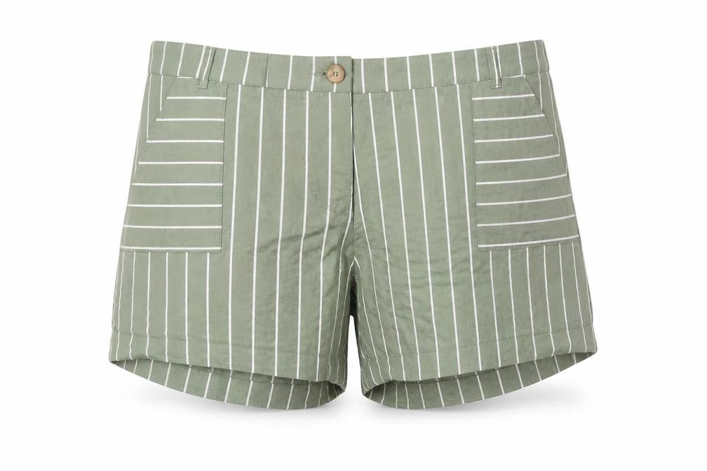 Front view of Capsule women’s green striped cotton basic shorts, size UK 20, 4-inch leg regular zip