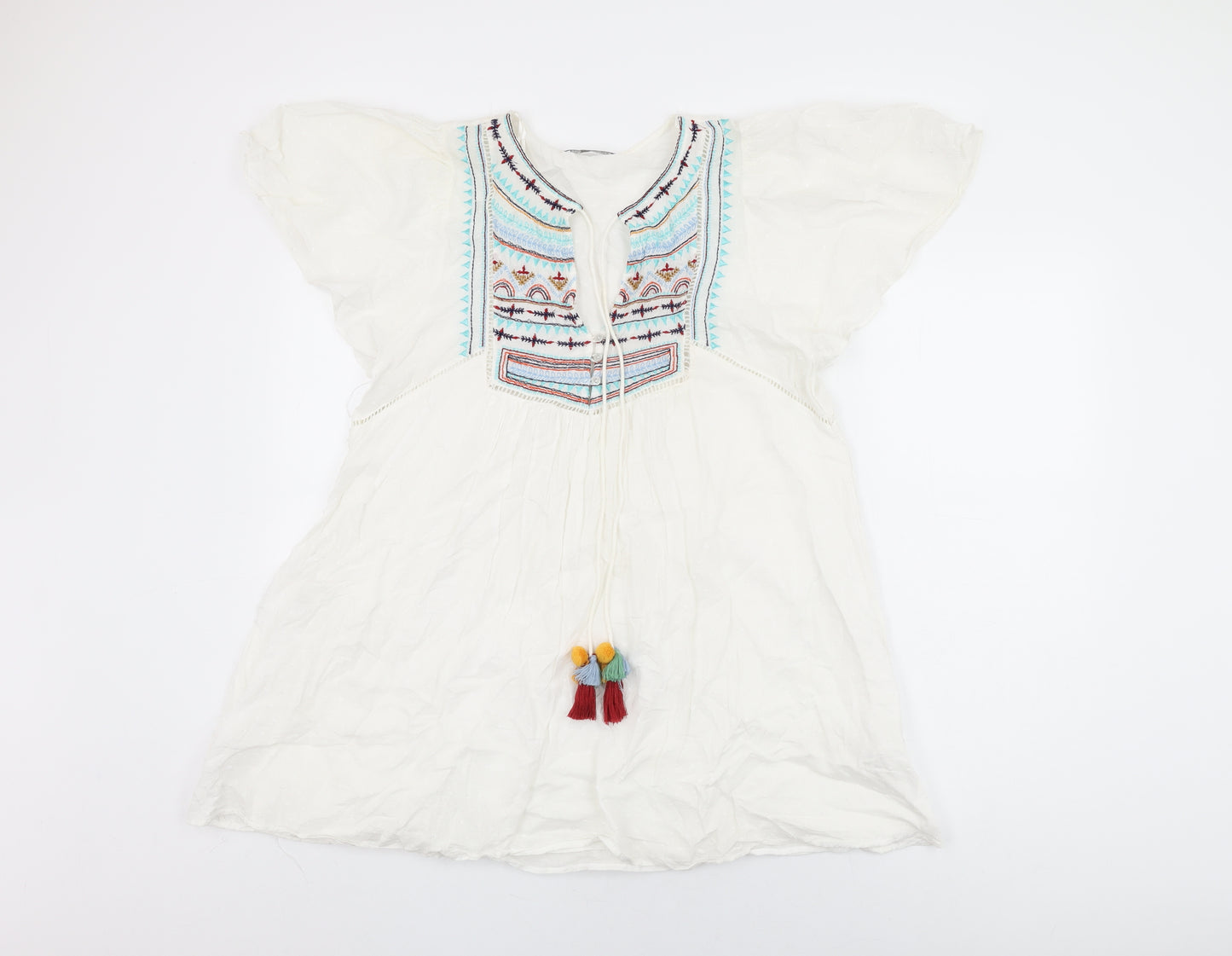 Zara Womens White Geometric Cotton Basic T-Shirt Size M V-Neck