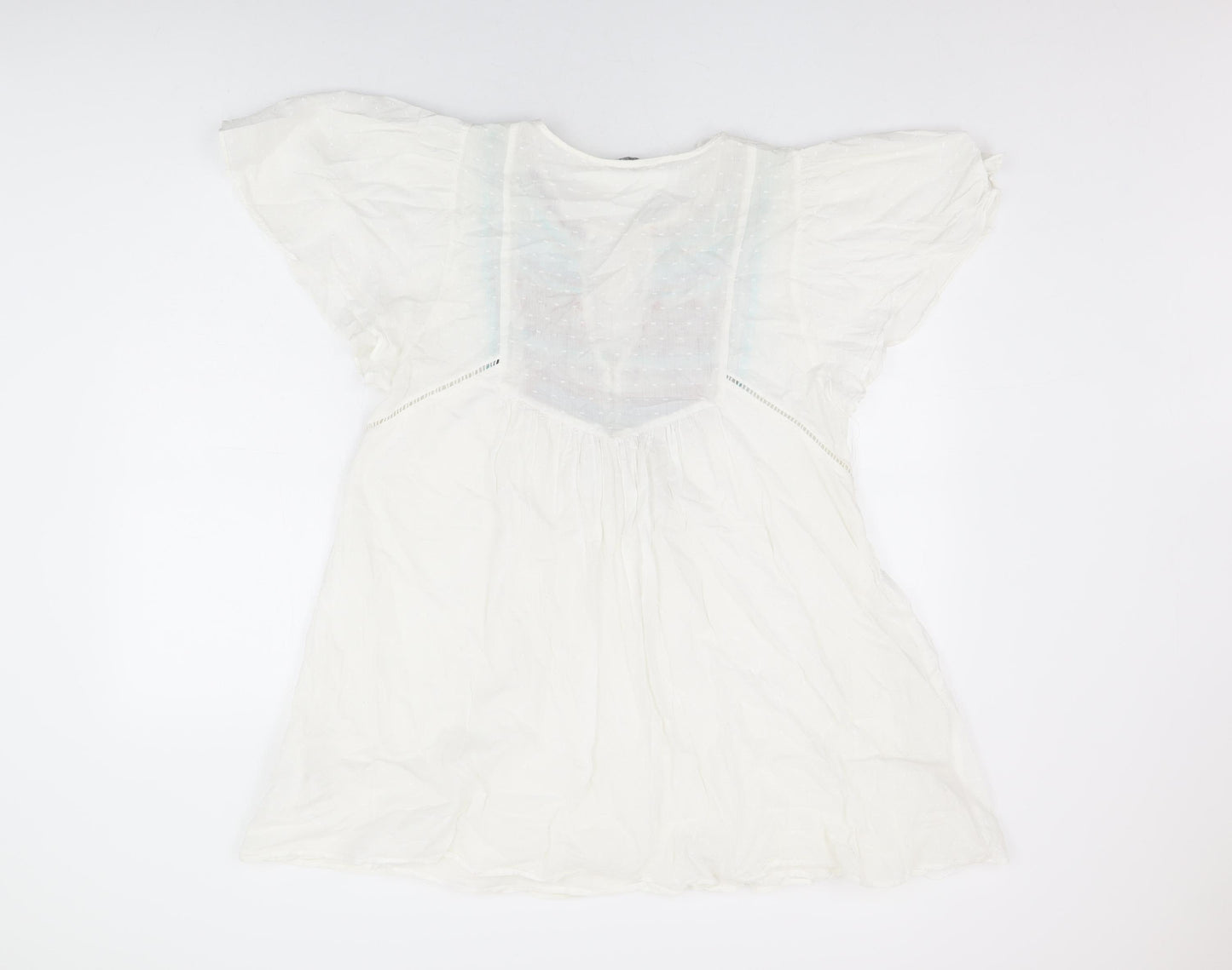 Zara Womens White Geometric Cotton Basic T-Shirt Size M V-Neck