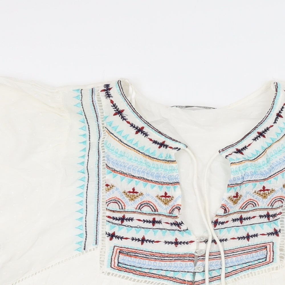 Zara Womens White Geometric Cotton Basic T-Shirt Size M V-Neck