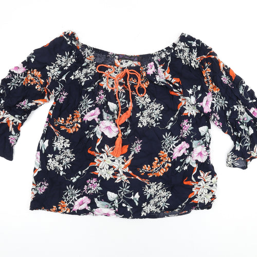 Missy Womens Blue Floral Viscose Basic T-Shirt Size 12 Scoop Neck