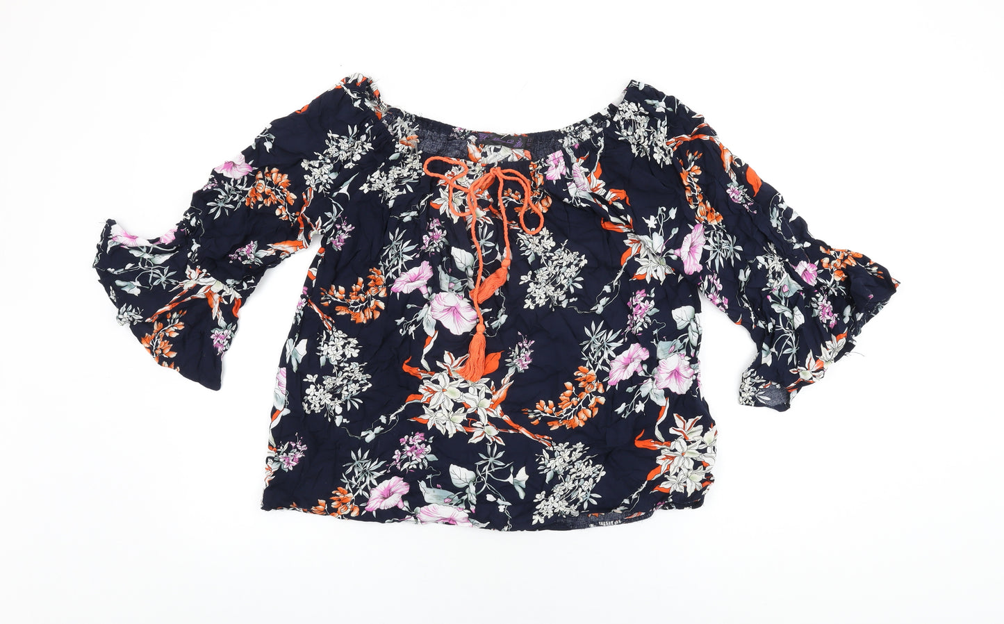 Missy Womens Blue Floral Viscose Basic T-Shirt Size 12 Scoop Neck