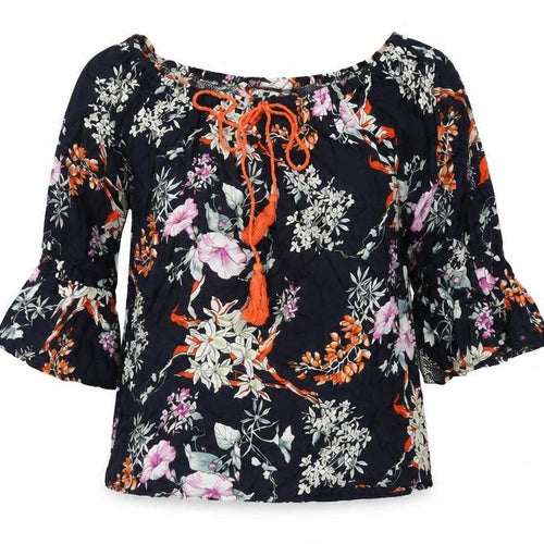 Missy Womens Blue Floral Viscose Basic T-Shirt Size 12 Scoop Neck