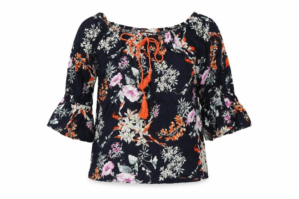 Missy Womens Blue Floral Viscose Basic T-Shirt Size 12 Scoop Neck