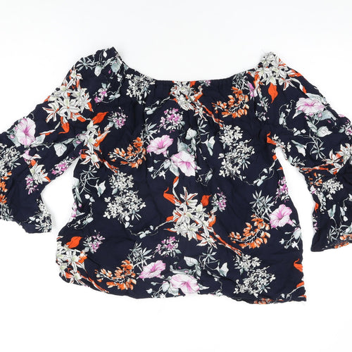 Missy Womens Blue Floral Viscose Basic T-Shirt Size 12 Scoop Neck
